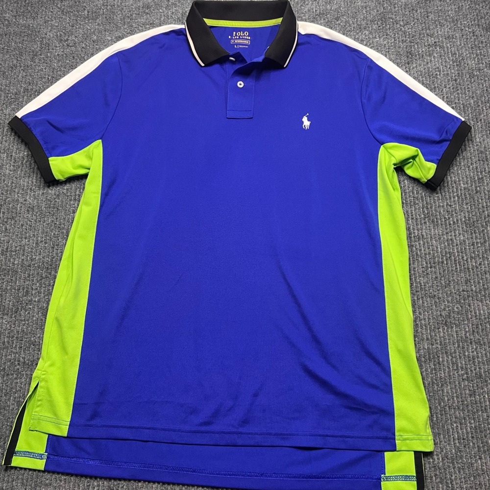 Polo Ralph Lauren Performance Mens Large Blue Lime Green Colorblock Polo Shirt - Picture 2 of 8